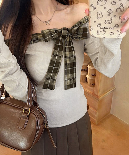 オフショルダー長袖Tシャツチェックリボン 肩見せトップス レディース チェック柄切り替えTシャツ 着やせ スリムフィットカットソー 大人可愛いタイトトップス肩出し 84WANJIA-026