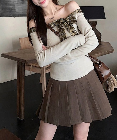 オフショルダー長袖Tシャツチェックリボン 肩見せトップス レディース チェック柄切り替えTシャツ 着やせ スリムフィットカットソー 大人可愛いタイトトップス肩出し 84WANJIA-026