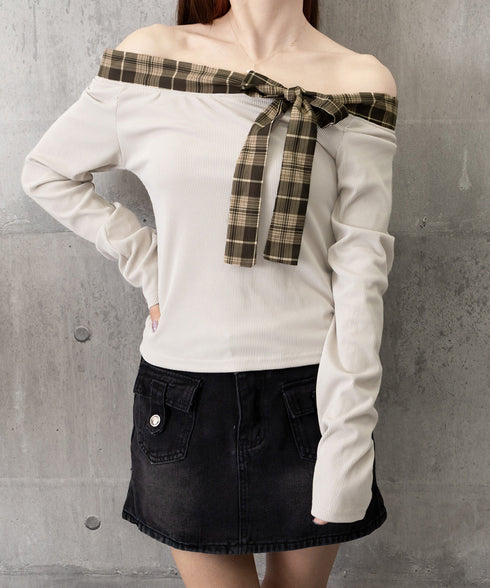 オフショルダー長袖Tシャツチェックリボン 肩見せトップス レディース チェック柄切り替えTシャツ 着やせ スリムフィットカットソー 大人可愛いタイトトップス肩出し 84WANJIA-026