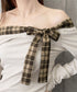 オフショルダー長袖Tシャツチェックリボン 肩見せトップス レディース チェック柄切り替えTシャツ 着やせ スリムフィットカットソー 大人可愛いタイトトップス肩出し 84WANJIA-026