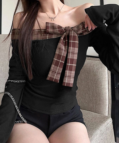 オフショルダー長袖Tシャツチェックリボン 肩見せトップス レディース チェック柄切り替えTシャツ 着やせ スリムフィットカットソー 大人可愛いタイトトップス肩出し 84WANJIA-026