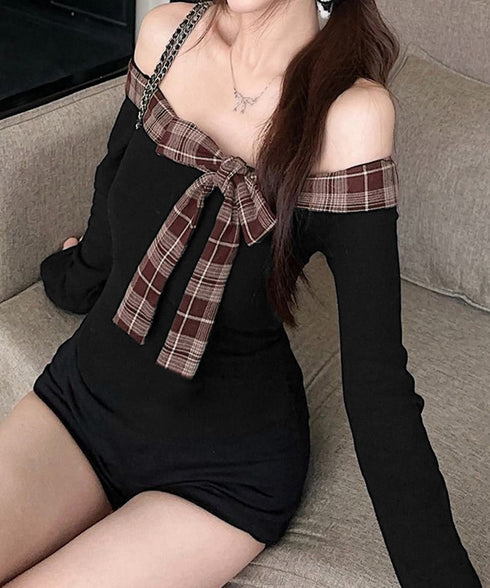 オフショルダー長袖Tシャツチェックリボン 肩見せトップス レディース チェック柄切り替えTシャツ 着やせ スリムフィットカットソー 大人可愛いタイトトップス肩出し 84WANJIA-026