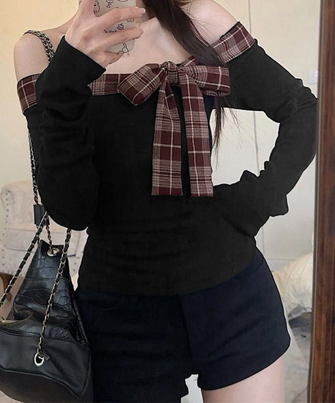 オフショルダー長袖Tシャツチェックリボン 肩見せトップス レディース チェック柄切り替えTシャツ 着やせ スリムフィットカットソー 大人可愛いタイトトップス肩出し 84WANJIA-026