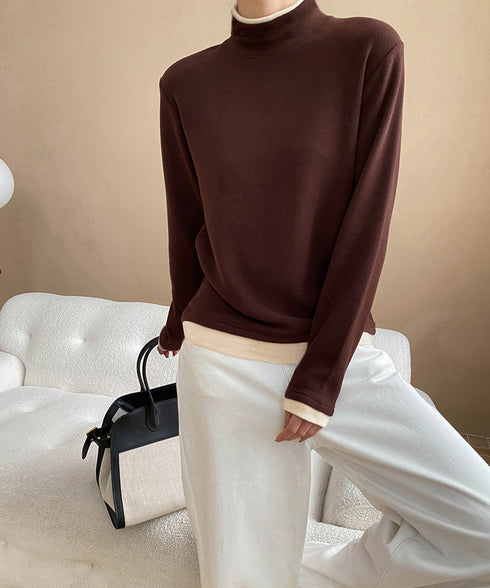 ハイネックトップス レイヤード風 長袖T レディース 重ね着風Tシャツ タートルネックブルオーバー 大人カジュアルカットソー 秋冬 暖かい配色インナートップス防寒 84WANJIA-027