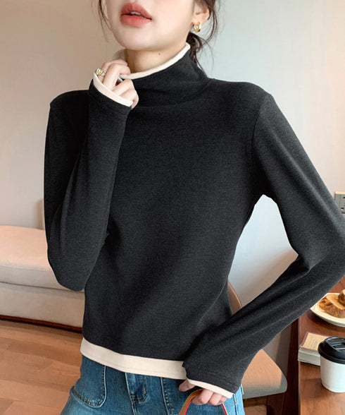 ハイネックトップス レイヤード風 長袖T レディース 重ね着風Tシャツ タートルネックブルオーバー 大人カジュアルカットソー 秋冬 暖かい配色インナートップス防寒 84WANJIA-027