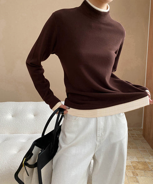 ハイネックトップス レイヤード風 長袖T レディース 重ね着風Tシャツ タートルネックブルオーバー 大人カジュアルカットソー 秋冬 暖かい配色インナートップス防寒 84WANJIA-027