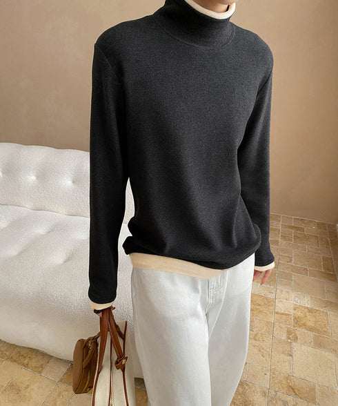 ハイネックトップス レイヤード風 長袖T レディース 重ね着風Tシャツ タートルネックブルオーバー 大人カジュアルカットソー 秋冬 暖かい配色インナートップス防寒 84WANJIA-027