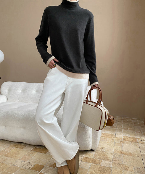 ハイネックトップス レイヤード風 長袖T レディース 重ね着風Tシャツ タートルネックブルオーバー 大人カジュアルカットソー 秋冬 暖かい配色インナートップス防寒 84WANJIA-027