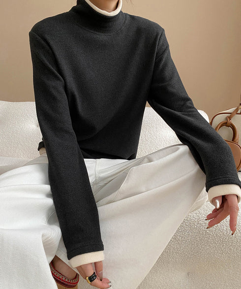 ハイネックトップス レイヤード風 長袖T レディース 重ね着風Tシャツ タートルネックブルオーバー 大人カジュアルカットソー 秋冬 暖かい配色インナートップス防寒 84WANJIA-027