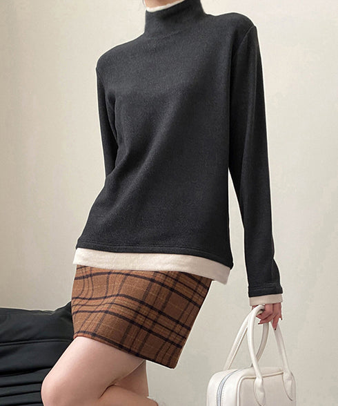 ハイネックトップス レイヤード風 長袖T レディース 重ね着風Tシャツ タートルネックブルオーバー 大人カジュアルカットソー 秋冬 暖かい配色インナートップス防寒 84WANJIA-027