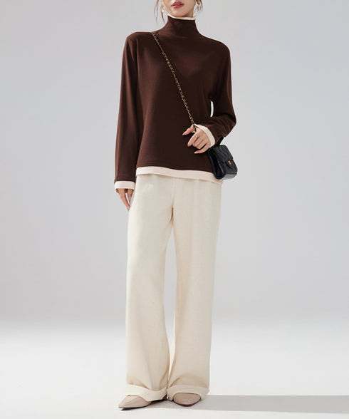 ハイネックトップス レイヤード風 長袖T レディース 重ね着風Tシャツ タートルネックブルオーバー 大人カジュアルカットソー 秋冬 暖かい配色インナートップス防寒 84WANJIA-027