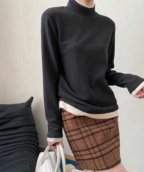 ハイネックトップス レイヤード風 長袖T レディース 重ね着風Tシャツ タートルネックブルオーバー 大人カジュアルカットソー 秋冬 暖かい配色インナートップス防寒 84WANJIA-027