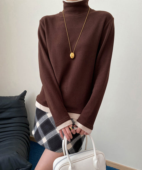 ハイネックトップス レイヤード風 長袖T レディース 重ね着風Tシャツ タートルネックブルオーバー 大人カジュアルカットソー 秋冬 暖かい配色インナートップス防寒 84WANJIA-027