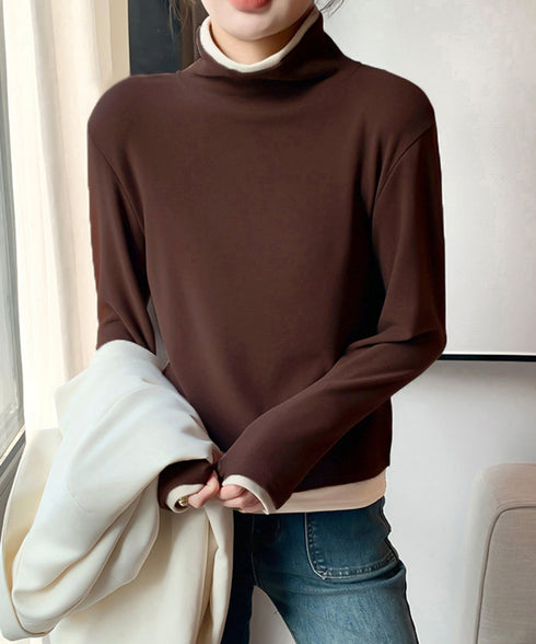 ハイネックトップス レイヤード風 長袖T レディース 重ね着風Tシャツ タートルネックブルオーバー 大人カジュアルカットソー 秋冬 暖かい配色インナートップス防寒 84WANJIA-027
