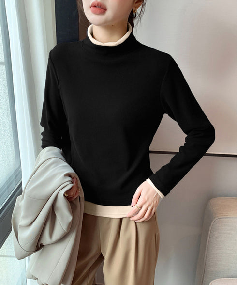 ハイネックトップス レイヤード風 長袖T レディース 重ね着風Tシャツ タートルネックブルオーバー 大人カジュアルカットソー 秋冬 暖かい配色インナートップス防寒 84WANJIA-027