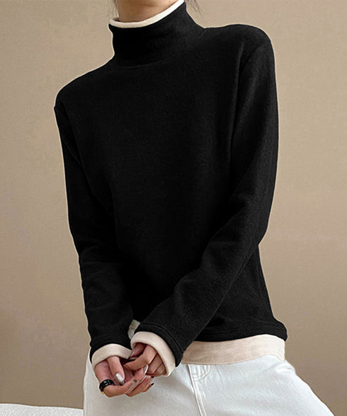 ハイネックトップス レイヤード風 長袖T レディース 重ね着風Tシャツ タートルネックブルオーバー 大人カジュアルカットソー 秋冬 暖かい配色インナートップス防寒 84WANJIA-027