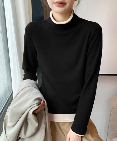 ハイネックトップス レイヤード風 長袖T レディース 重ね着風Tシャツ タートルネックブルオーバー 大人カジュアルカットソー 秋冬 暖かい配色インナートップス防寒 84WANJIA-027