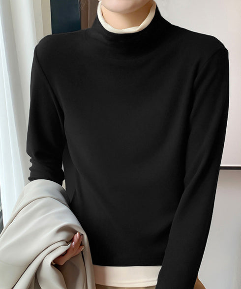 ハイネックトップス レイヤード風 長袖T レディース 重ね着風Tシャツ タートルネックブルオーバー 大人カジュアルカットソー 秋冬 暖かい配色インナートップス防寒 84WANJIA-027