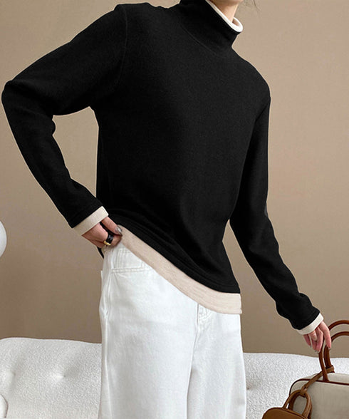ハイネックトップス レイヤード風 長袖T レディース 重ね着風Tシャツ タートルネックブルオーバー 大人カジュアルカットソー 秋冬 暖かい配色インナートップス防寒 84WANJIA-027