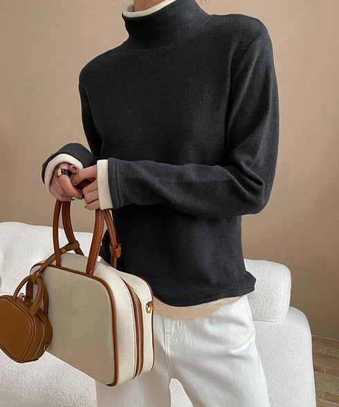 ハイネックトップス レイヤード風 長袖T レディース 重ね着風Tシャツ タートルネックブルオーバー 大人カジュアルカットソー 秋冬 暖かい配色インナートップス防寒 84WANJIA-027