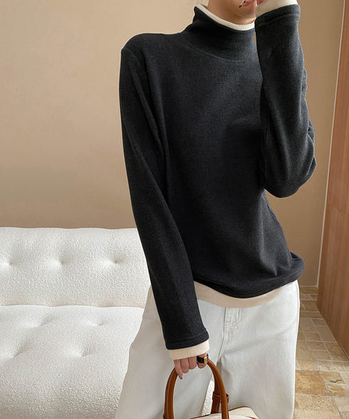 ハイネックトップス レイヤード風 長袖T レディース 重ね着風Tシャツ タートルネックブルオーバー 大人カジュアルカットソー 秋冬 暖かい配色インナートップス防寒 84WANJIA-027