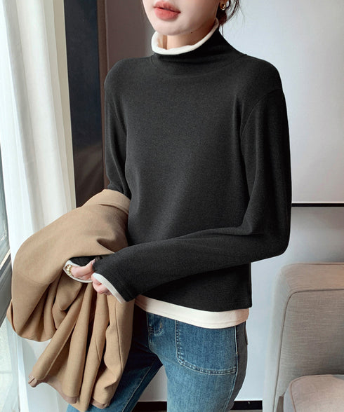 ハイネックトップス レイヤード風 長袖T レディース 重ね着風Tシャツ タートルネックブルオーバー 大人カジュアルカットソー 秋冬 暖かい配色インナートップス防寒 84WANJIA-027