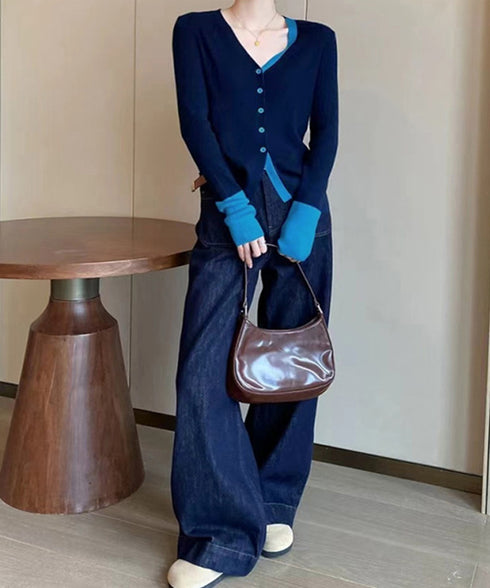 バイカラーニットカーディガンレイヤード風 レディース Vネック 配色ニットトップス 長袖 前開きニット カジュアルきれいめ 羽織り おしゃれ 重ね着風ニット韓国風 84WANJIA-028