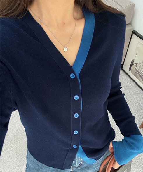 バイカラーニットカーディガンレイヤード風 レディース Vネック 配色ニットトップス 長袖 前開きニット カジュアルきれいめ 羽織り おしゃれ 重ね着風ニット韓国風 84WANJIA-028