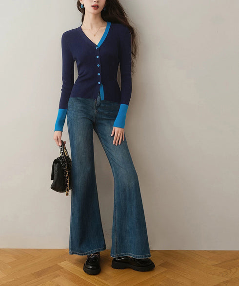 バイカラーニットカーディガンレイヤード風 レディース Vネック 配色ニットトップス 長袖 前開きニット カジュアルきれいめ 羽織り おしゃれ 重ね着風ニット韓国風 84WANJIA-028