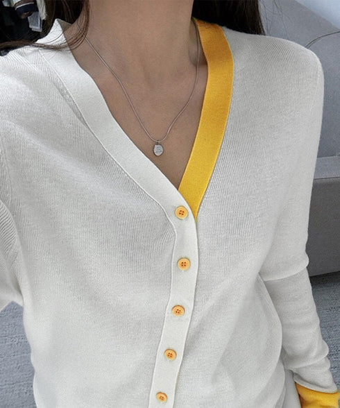 バイカラーニットカーディガンレイヤード風 レディース Vネック 配色ニットトップス 長袖 前開きニット カジュアルきれいめ 羽織り おしゃれ 重ね着風ニット韓国風 84WANJIA-028