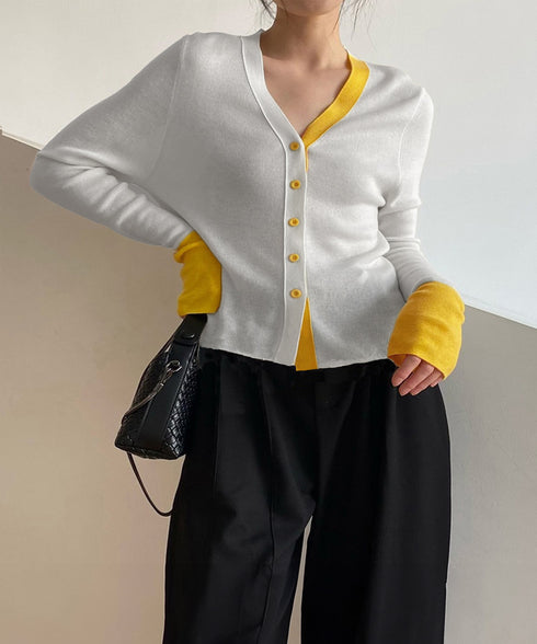 バイカラーニットカーディガンレイヤード風 レディース Vネック 配色ニットトップス 長袖 前開きニット カジュアルきれいめ 羽織り おしゃれ 重ね着風ニット韓国風 84WANJIA-028