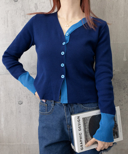 バイカラーニットカーディガンレイヤード風 レディース Vネック 配色ニットトップス 長袖 前開きニット カジュアルきれいめ 羽織り おしゃれ 重ね着風ニット韓国風 84WANJIA-028