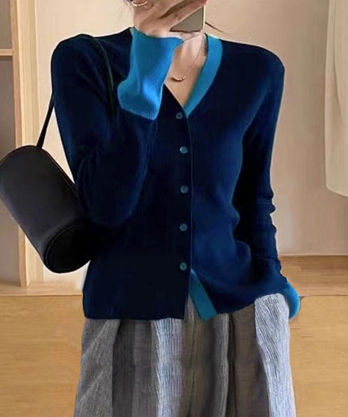バイカラーニットカーディガンレイヤード風 レディース Vネック 配色ニットトップス 長袖 前開きニット カジュアルきれいめ 羽織り おしゃれ 重ね着風ニット韓国風 84WANJIA-028