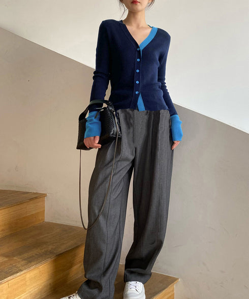 バイカラーニットカーディガンレイヤード風 レディース Vネック 配色ニットトップス 長袖 前開きニット カジュアルきれいめ 羽織り おしゃれ 重ね着風ニット韓国風 84WANJIA-028