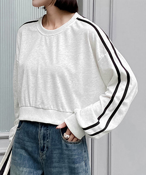 サイドライン スウェットシャツショート丈 レディース 袖ライントレーナー 薄手長袖プルオーバー 体型カバー韓国風 カジュアル 着やせトップス クルーネック 春秋服 84WANJIA-029