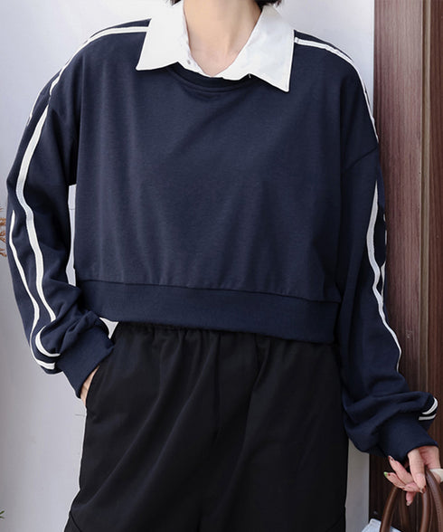 サイドライン スウェットシャツショート丈 レディース 袖ライントレーナー 薄手長袖プルオーバー 体型カバー韓国風 カジュアル 着やせトップス クルーネック 春秋服 84WANJIA-029