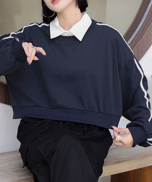 サイドライン スウェットシャツショート丈 レディース 袖ライントレーナー 薄手長袖プルオーバー 体型カバー韓国風 カジュアル 着やせトップス クルーネック 春秋服 84WANJIA-029