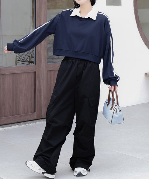 サイドライン スウェットシャツショート丈 レディース 袖ライントレーナー 薄手長袖プルオーバー 体型カバー韓国風 カジュアル 着やせトップス クルーネック 春秋服 84WANJIA-029