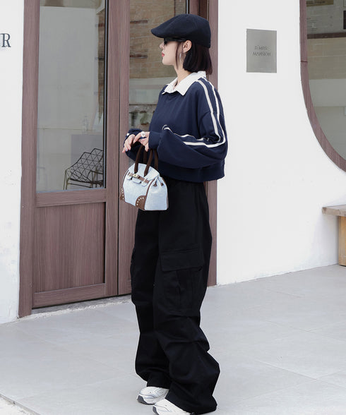 サイドライン スウェットシャツショート丈 レディース 袖ライントレーナー 薄手長袖プルオーバー 体型カバー韓国風 カジュアル 着やせトップス クルーネック 春秋服 84WANJIA-029