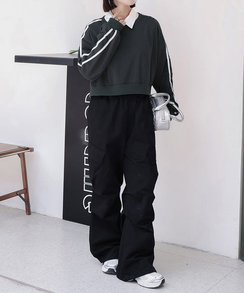 サイドライン スウェットシャツショート丈 レディース 袖ライントレーナー 薄手長袖プルオーバー 体型カバー韓国風 カジュアル 着やせトップス クルーネック 春秋服 84WANJIA-029