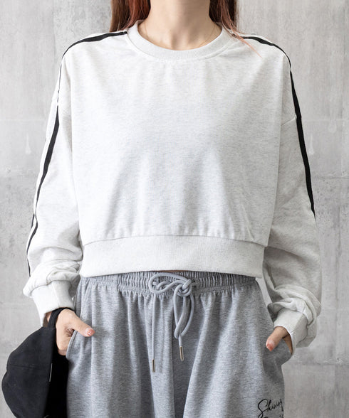 サイドライン スウェットシャツショート丈 レディース 袖ライントレーナー 薄手長袖プルオーバー 体型カバー韓国風 カジュアル 着やせトップス クルーネック 春秋服 84WANJIA-029