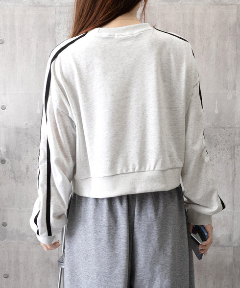 サイドライン スウェットシャツショート丈 レディース 袖ライントレーナー 薄手長袖プルオーバー 体型カバー韓国風 カジュアル 着やせトップス クルーネック 春秋服 84WANJIA-029