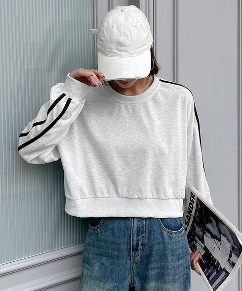 サイドライン スウェットシャツショート丈 レディース 袖ライントレーナー 薄手長袖プルオーバー 体型カバー韓国風 カジュアル 着やせトップス クルーネック 春秋服 84WANJIA-029