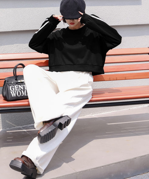 サイドライン スウェットシャツショート丈 レディース 袖ライントレーナー 薄手長袖プルオーバー 体型カバー韓国風 カジュアル 着やせトップス クルーネック 春秋服 84WANJIA-029