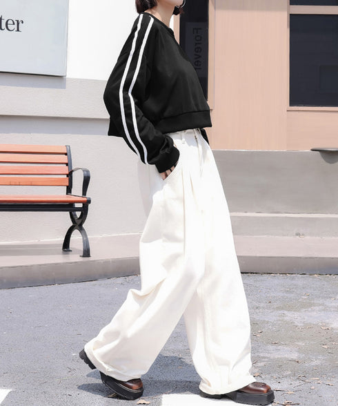 サイドライン スウェットシャツショート丈 レディース 袖ライントレーナー 薄手長袖プルオーバー 体型カバー韓国風 カジュアル 着やせトップス クルーネック 春秋服 84WANJIA-029