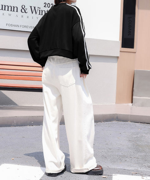 サイドライン スウェットシャツショート丈 レディース 袖ライントレーナー 薄手長袖プルオーバー 体型カバー韓国風 カジュアル 着やせトップス クルーネック 春秋服 84WANJIA-029