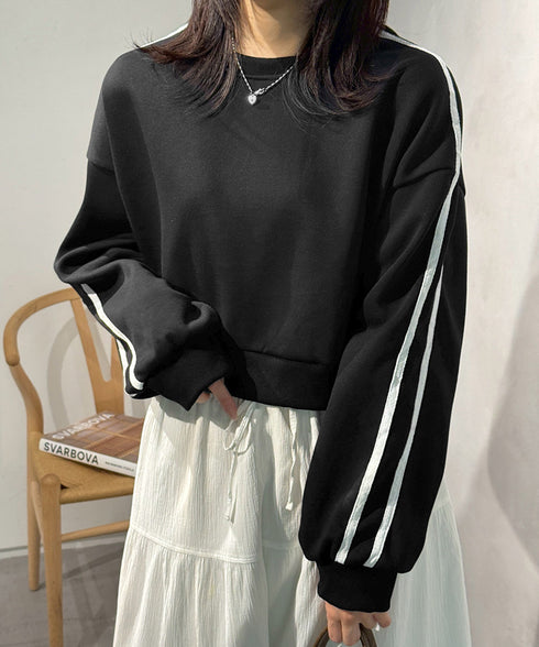 裏起毛スウェットレディーストレーナー秋冬 袖ラインスウェット ゆったり ショート丈プルオーバー おしゃれ 暖かい 体型カバー 大人カジュアル 厚手スポーツトップス 84WANJIA-030