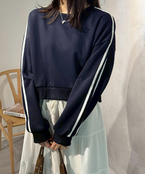 裏起毛スウェットレディーストレーナー秋冬 袖ラインスウェット ゆったり ショート丈プルオーバー おしゃれ 暖かい 体型カバー 大人カジュアル 厚手スポーツトップス 84WANJIA-030