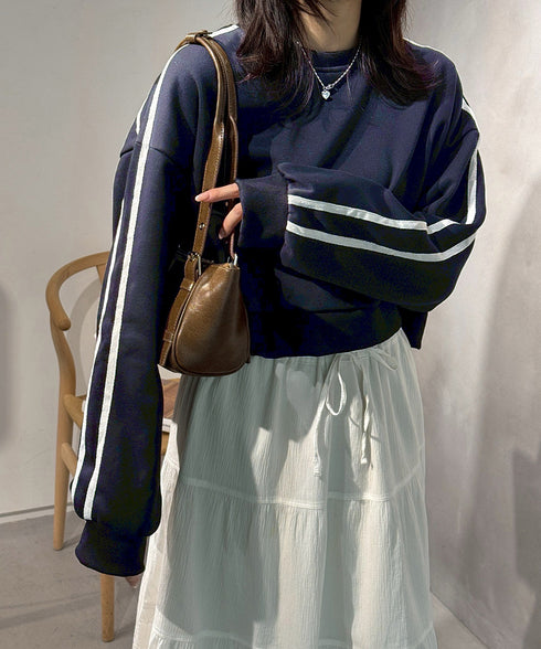 裏起毛スウェットレディーストレーナー秋冬 袖ラインスウェット ゆったり ショート丈プルオーバー おしゃれ 暖かい 体型カバー 大人カジュアル 厚手スポーツトップス 84WANJIA-030