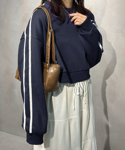 裏起毛スウェットレディーストレーナー秋冬 袖ラインスウェット ゆったり ショート丈プルオーバー おしゃれ 暖かい 体型カバー 大人カジュアル 厚手スポーツトップス 84WANJIA-030